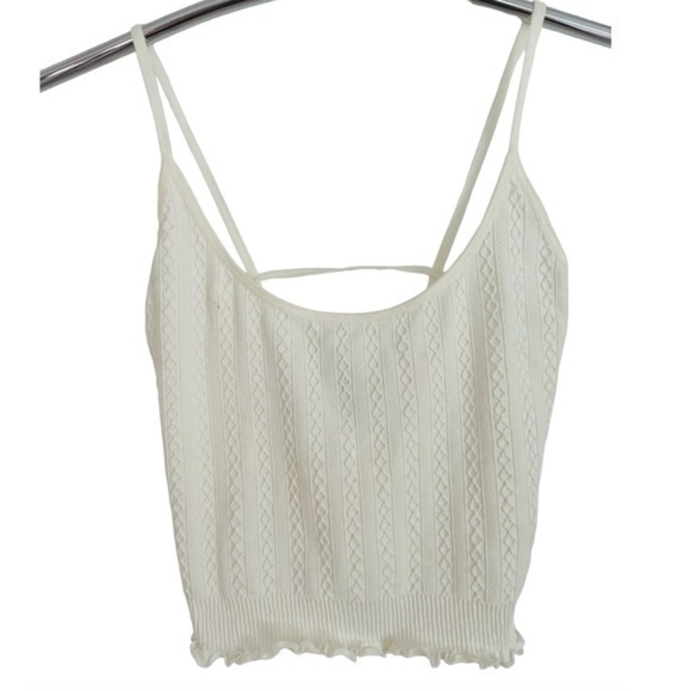 FRANCESCAS COLLECTIONS ALYA TEXTURED IVORY SPANDEX BLEND CROP TOP, SIZE LG